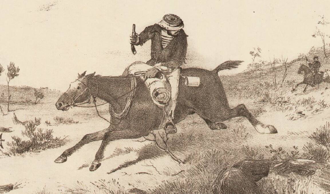 A bushranger is depicted fleeing mounted troopers in this depiction of the fallout from an 19th century Australian crime. Picture: courtesy of the STATE LIBRARY OF VICTORIA