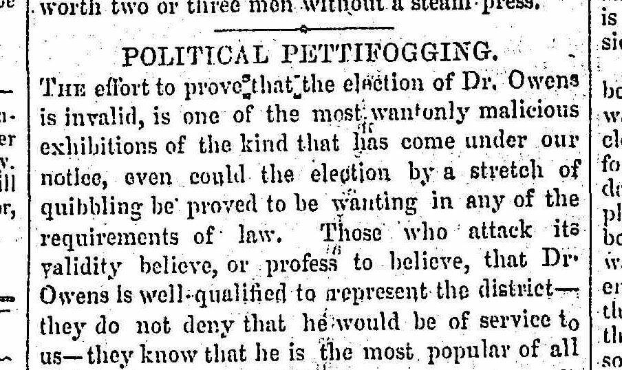 A Bendigo Advertiser editorial from November 1856 criticises a plot to get MP John Owens kicked out of parliament. Picture: COURTESY OF TROVE