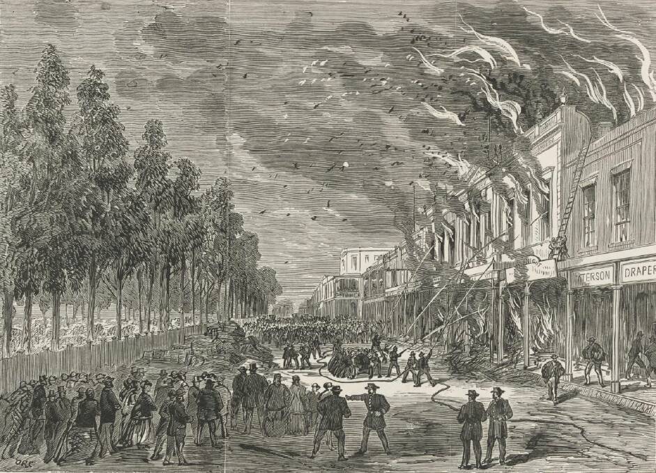 HOT TOPICS: A wood engraving of the fire at Pall Mall's Beehive building in 1871 and (below) a story about a Bridge Street fire. Images: NATIONAL LIBRARY OF AUSTRALIA, TROVE