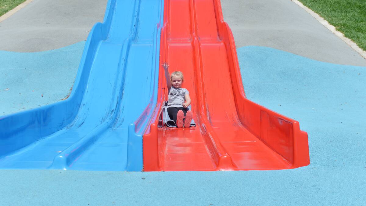 FUN IN THE SUN: Scarlotte Riley enjoys Cooinda Park's distinctive 14 metre long slide. Picture: DARREN HOWE