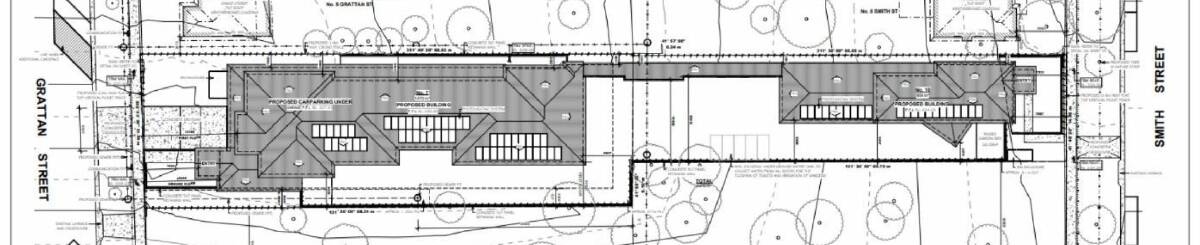 A plan for the centre, which would include a two storey building on Grattan Street (left-hand side of the image) and a single storey building on Smith Street (right-hand side of the image). Image: SUPPLIED