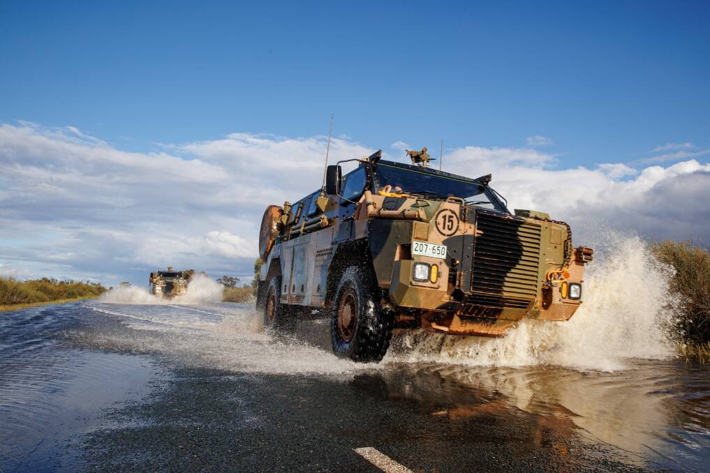 Bushmasters on deployment to a flood-ravaged area of Australia in October, 2022. Picture supplied by Defence/Cameron Pegg.