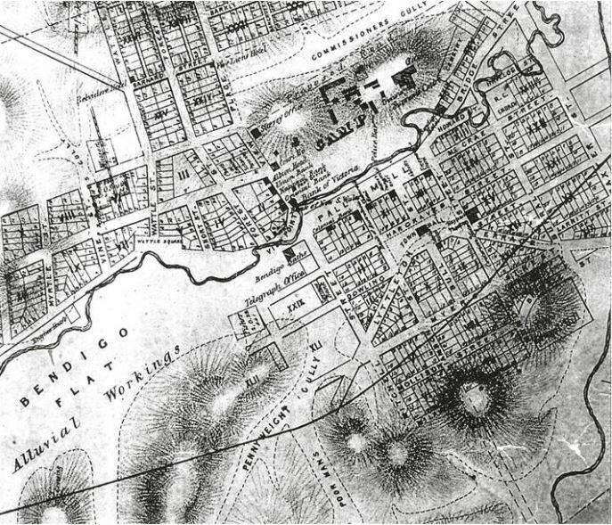 TAKING SHAPE: The central area of Bendigo (then known as Sandhurst) dated 1860. Source: JOHN RUSSEL, 'MAP OF SANDHURST PROPER'