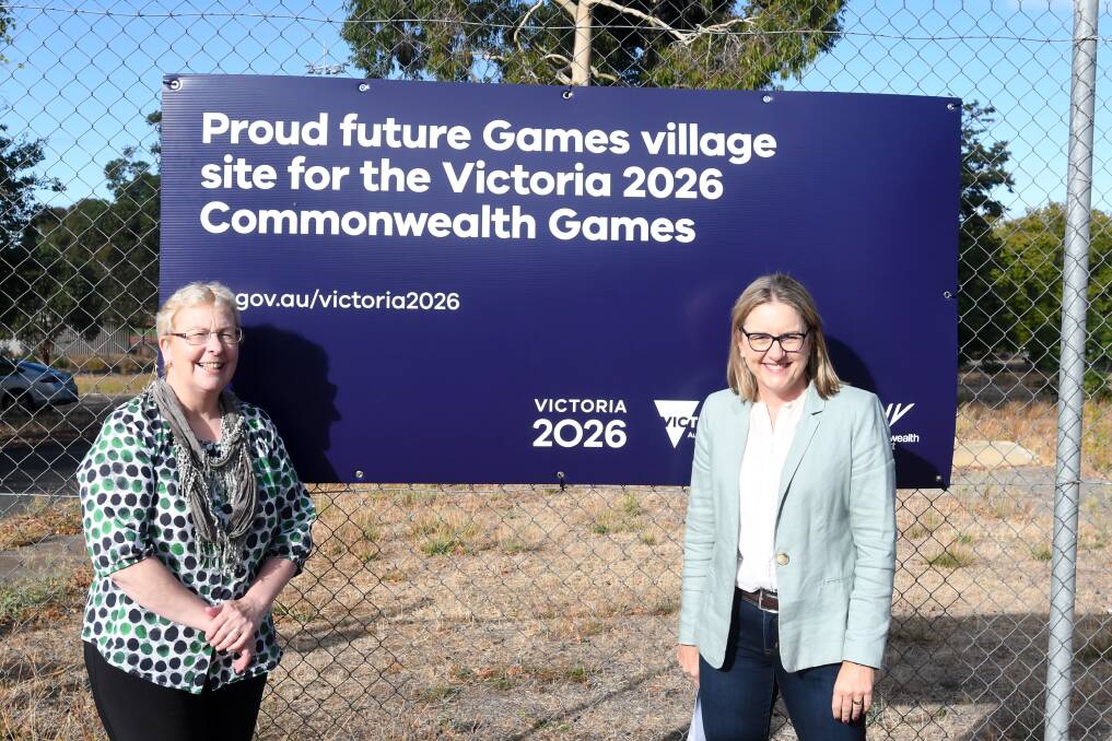 Greater Bendigo mayor Andrea Metcalf and games delivery minister Jacinta Allan last week at the Bendigo athletes' village site. Picture by Noni Hyett.
