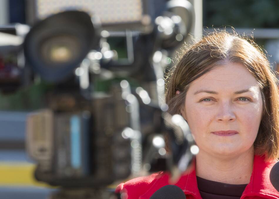 THE COMING STORM: Lisa Chesters gathers herself before a media scrum starts asking questions at an election stop during her 2019 campaign for the federal seat of Bendigo. Picture: DARREN HOWE