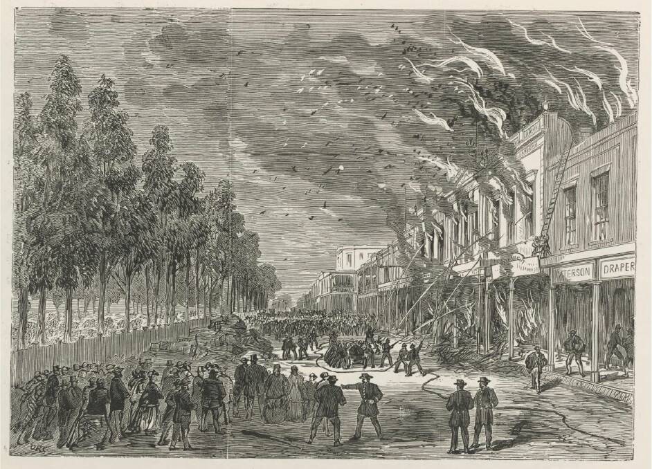 A wood engraving of the fire at the Beehive in 1871. Image: NATIONAL LIBRARY OF AUSTRALIA