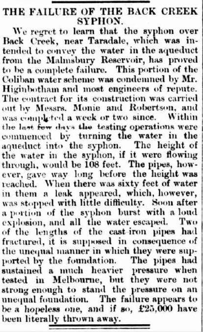 A Bendigo Advertiser story reporting the syphon had failed for a second time. IMAGE: COURTESY OF TROVE