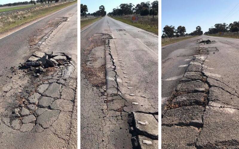 A cluster of cracks and potholes that appeared in recent months. Images of the road supplied by Tracy Bush and Allie Chiron.
