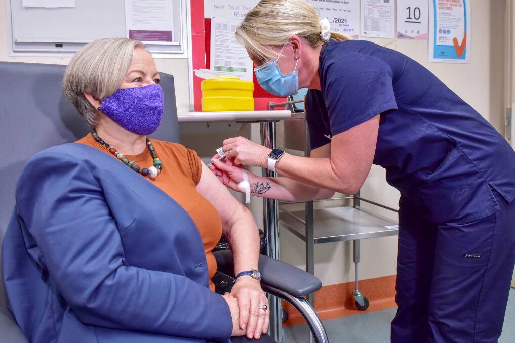 Mayor Jen Alden gets a vaccination shot. The public health expert says she is ideally placed to lead Greater Bendigo through another year that will be shaped by the pandemic. Picture: BRENDAN McCARTHY
