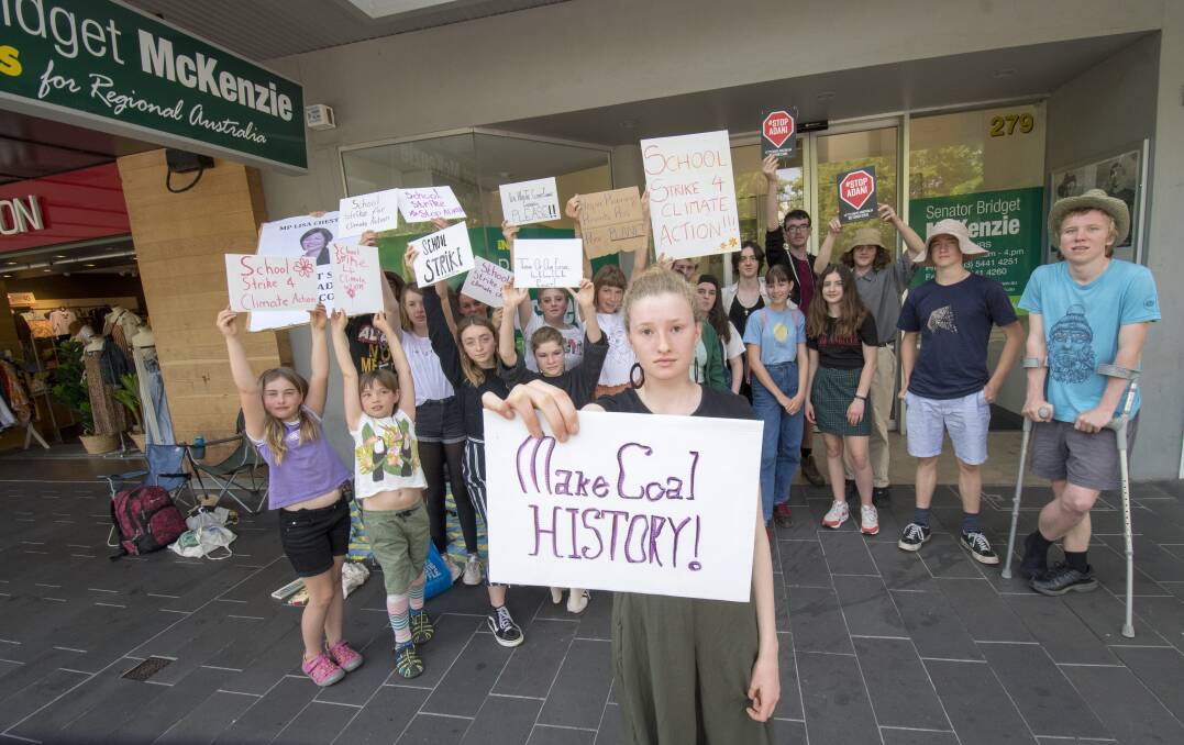 Making history: Harriet O'Shea Carre and her peers protest in Bendigo about climate change. Picture: Darren Howe