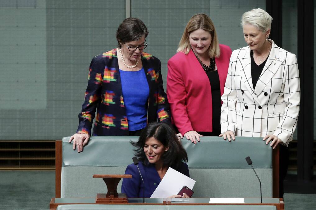 Moving on: Julia Banks with crossbench MPs Cathy McGowan, Rebekha Sharkie and Kerryn Phelps after announcing her decision to quit the Liberal party. Picture: Alex Ellinghausen