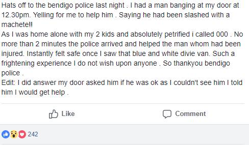 East Bendigo woman Lotty Ryland took to social media this morning to thank the police for their efforts overnight. Source: Facebook