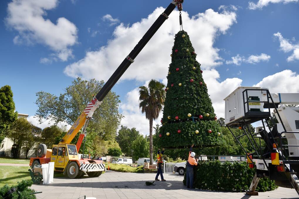 BIG JOB: The Rosalind Park Christmas tree being installed in 2016. Picture: NONI HYETT