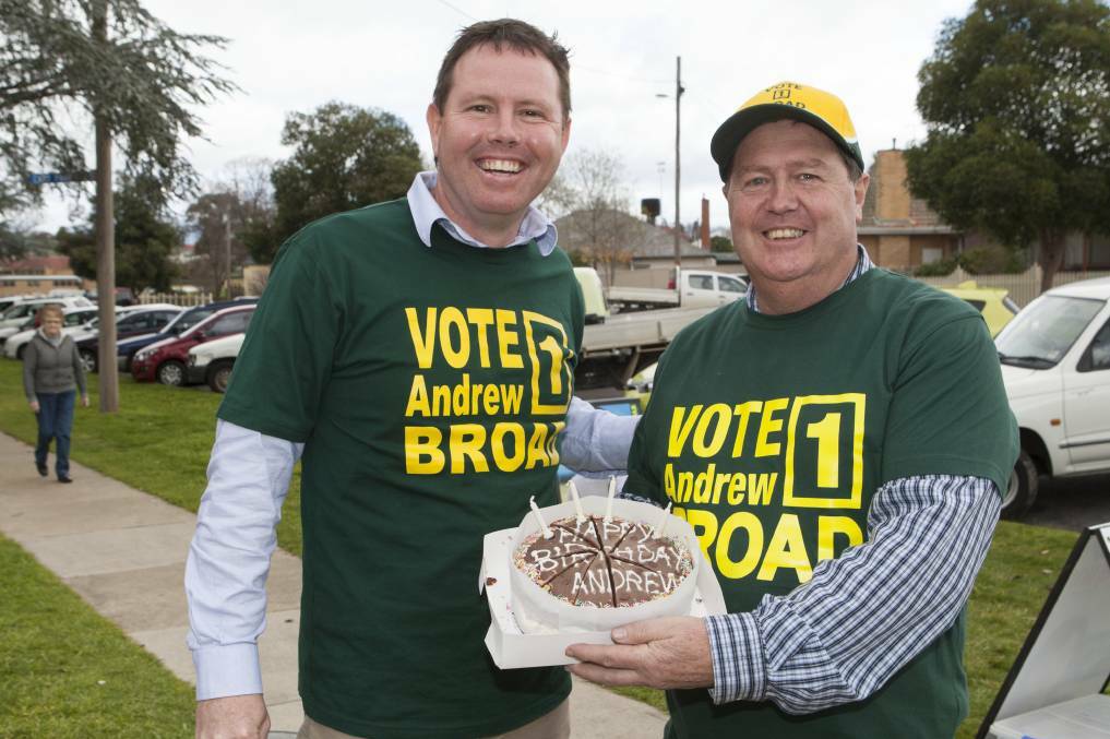 HAPPY BIRTHDAY: Andrew Broad and supporter Chris Anderson in Stawell.
