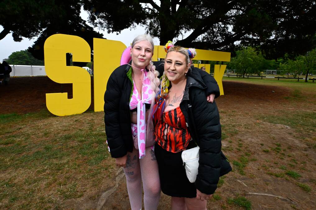 Adrianne Keleher and Josephine Williams can hardly wait to get inside the venue for Spilt Milk 2023. Picture by Adam Trafford