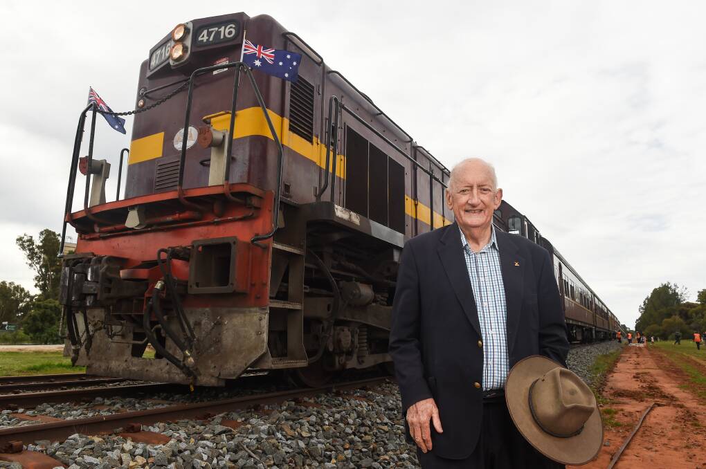 Beloved: Tim Fischer at his last public appearance at Boree Creek last month. He took a train from Albury to the village, where a park named in his honour was unveiled. Picture: MARK JESSER 