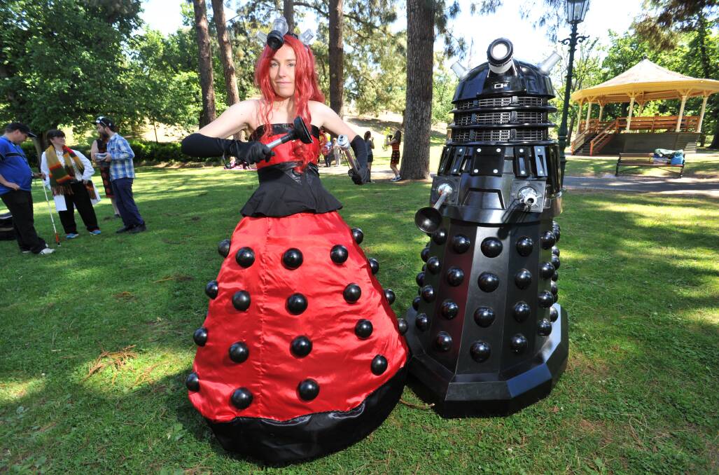 DR WHO: Kara Harris, dressed as a dalek, pictured with a dalek made by Darren Hutchesson. Picture: NONI HYETT