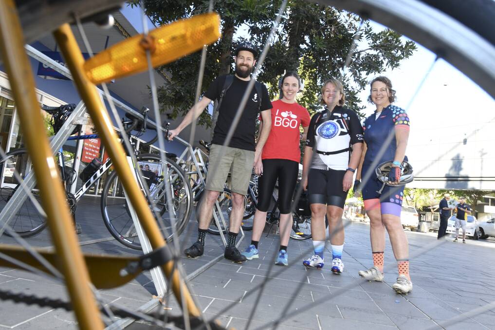 RIDE2WORK: Nick Horgan, Megan Goode, Deb Burch and Penny Wall at the Ride2Work Day community breakfast. Picture: NONI HYETT.
