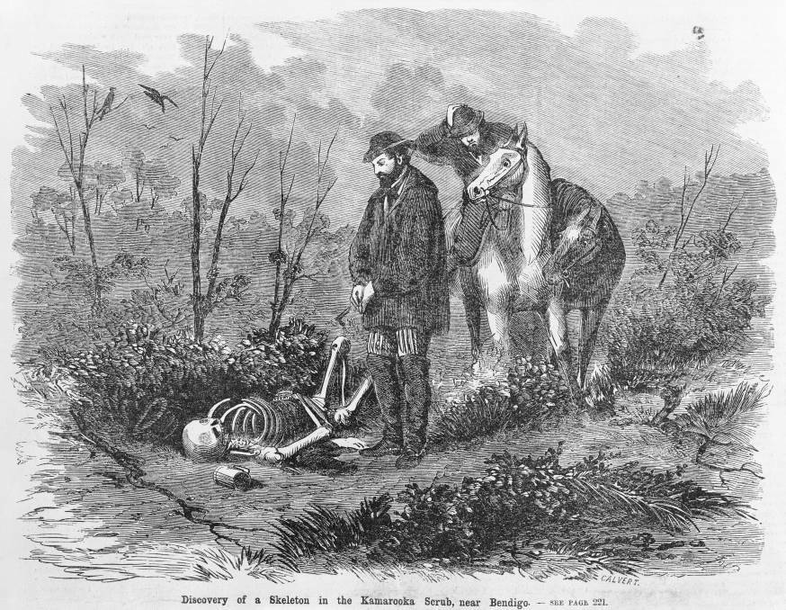 Samuel Calvert's wood engraving Discovery of a skeleton in the Kamarooka scrub, near Bendigo 1866. Reproduction courtesy State Library Victoria