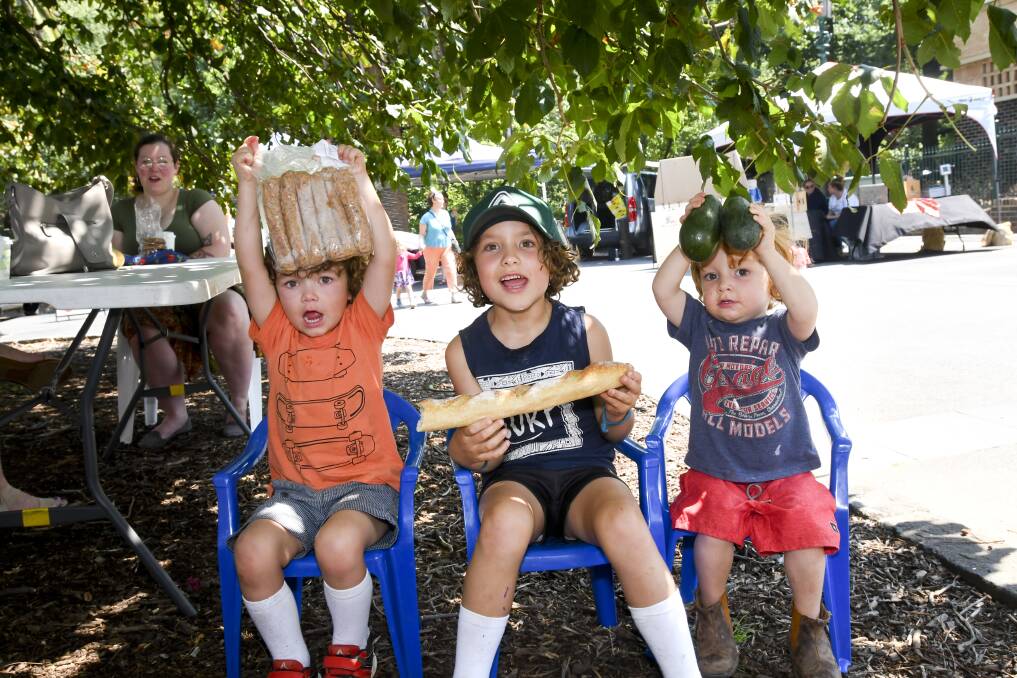 Brothers Quentin, Reuben and Augustus Carrick at a local market. Picture: NONI HYETT
