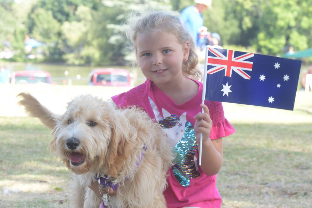 Australia Day Celebrations at Lake Weeroona 2019, Flossy the dog and Bella Holland. Picture: NONI HYETT