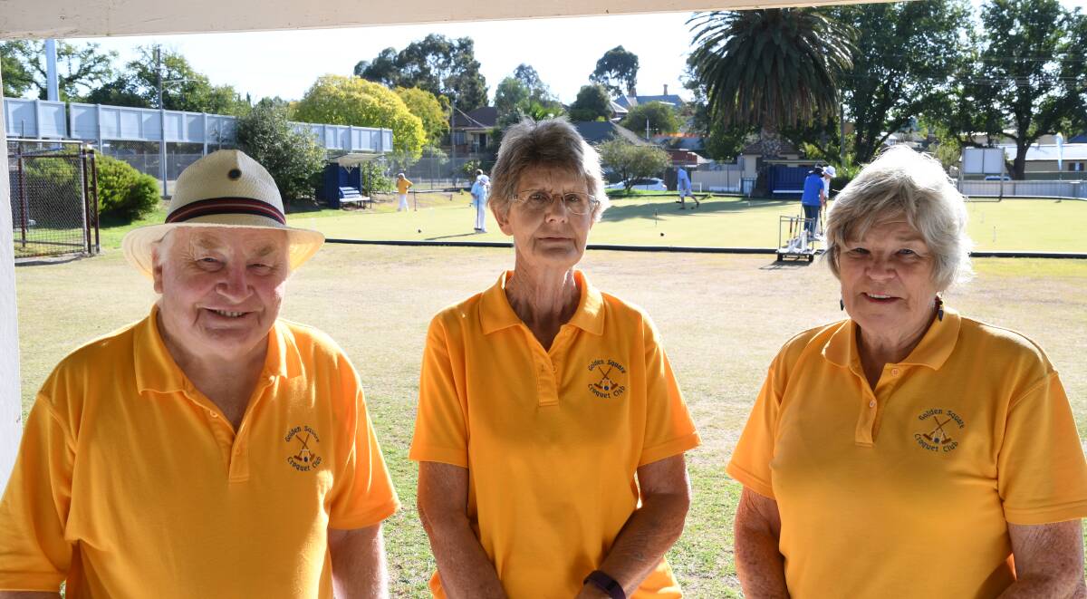 GOLDEN GAME: Golden Square Croquet Club members, Don Currie, Lorraine Baker and Pam Wiegard. Picture: ANTHONY PINDA. Note: Image taken 2019.