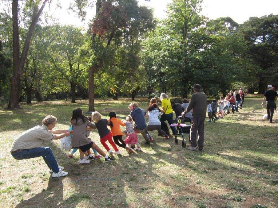 TUG OF PEACE: Families play a friendly game at the Castlemaine Botanical Gardens for the Community Picnic in 2016. Picture: SUPPLIED/Babs McMillan