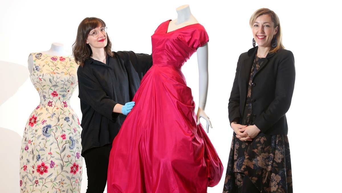 Collections manager Sarah Brown and Bendigo Art Gallery director Jessica Bridgfoot with Balenciaga models that will be on display. Picture: GLENN DANIELS