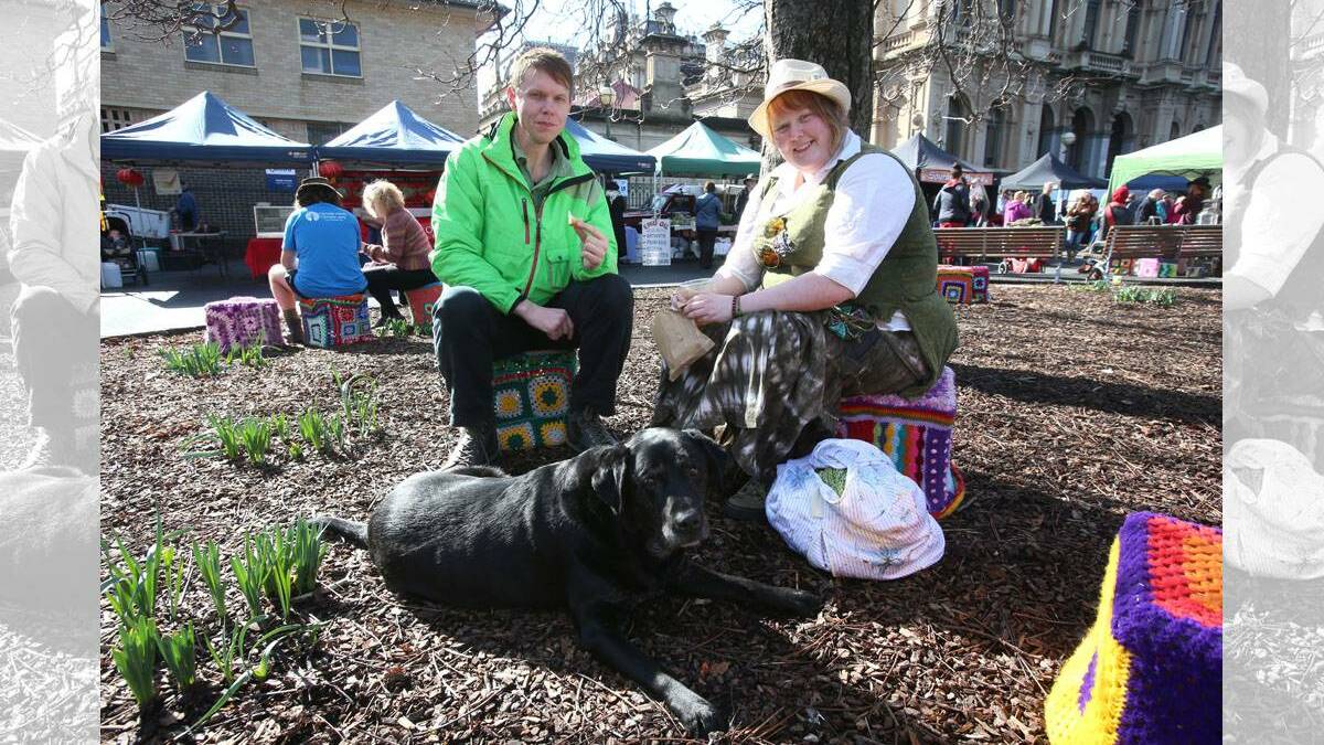 MARKET FUN: Peter Carr and Catherine Morris with Milo the dog. Picture: PETR WEAVING
