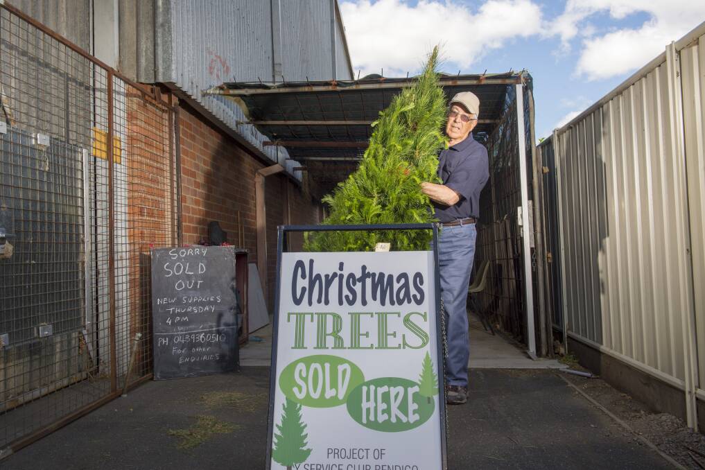 SPIRIT OF GIVING: Brian Curnow shows off the trees that the Y Service Club of Bendigo had sold. Picture: DARREN HOWE. Please note, image was taken before COVID-19 regulations