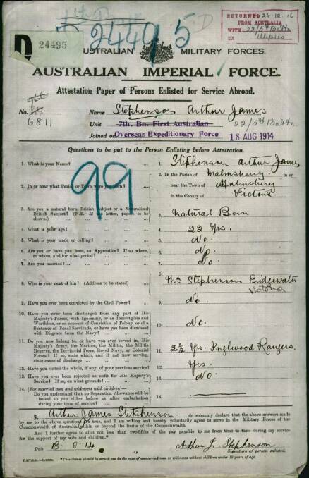 ENLISTED: Arthur James Stephenson's papers for service abroad 1914