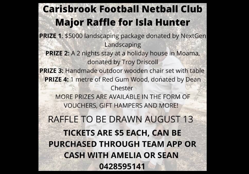 RAFFLE: Some of the information about the raffle being held at the fundraiser for Isla Hunter. Picture: SUPPLIED