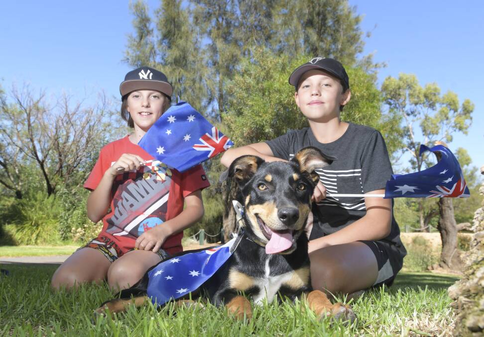 Australia Day Celebrations at Lake Weeroona 2019, Murray Ware, Bandit (the dog) and Lincoln Ware. Picture: NONI HYETT