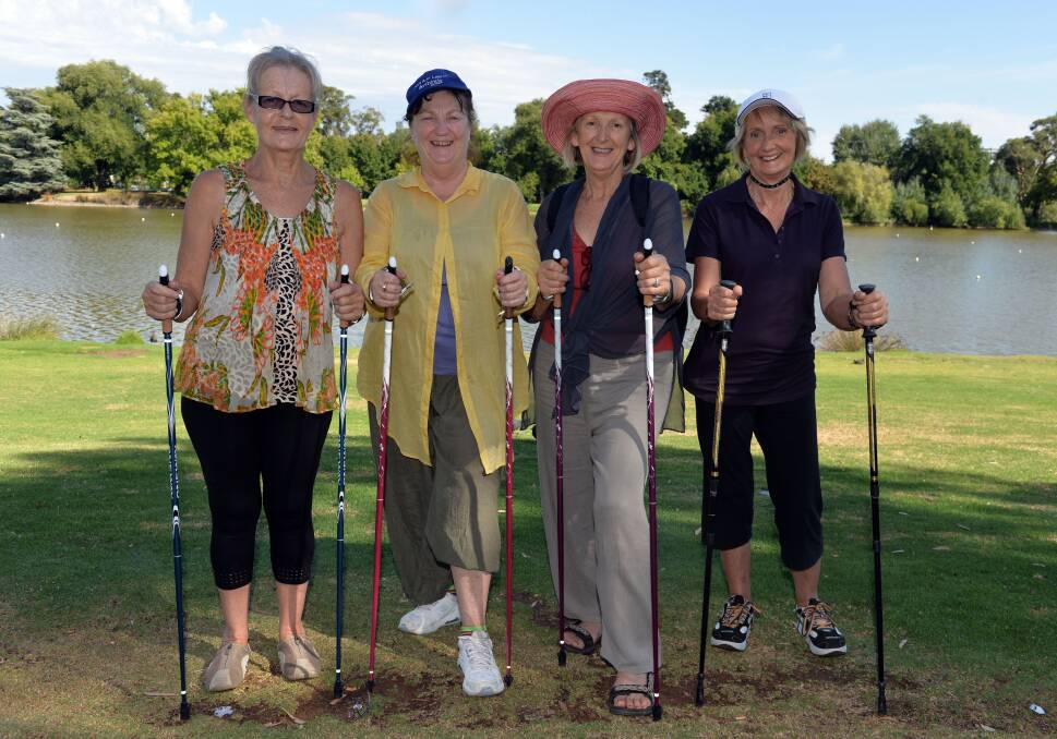 Bendigo Arthritis Club members doing nordic walking at Weeroona Oval, Robyn Ayres, Kathleen Thomson, Johanna Winchcomb, Mavis Daniel. Picture: BRENDAN McCARTHY