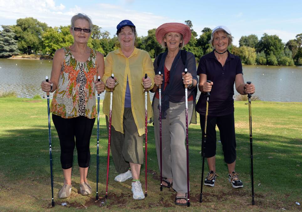 Bendigo Arthritis Club members at Weeroona Oval, Robyn Ayres, Kathleen Thomson, Johanna Winchcomb and Mavis Daniel. Picture: BRENDAN McCARTHY