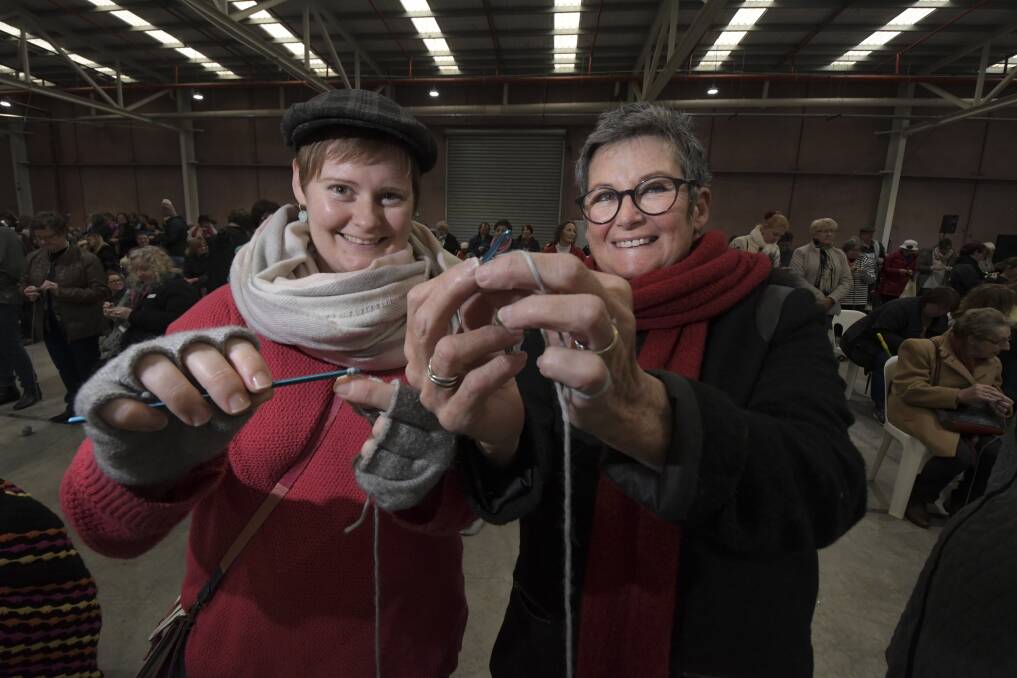CRAFTY: Hayley and Glenda Millard take part in the Craft Alive world record attempt in Crocheting in 2018. Picture: NONI HYETT