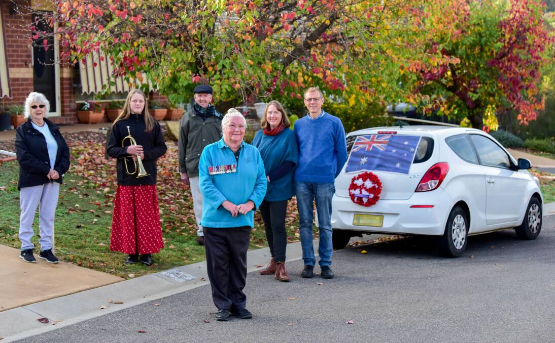 DIFFERENT SERVICES: Nancy Wyatt, Rosie Foulds, David Farlie, Greta Balsillie, Kate and David Foulds at Bendigo Retirement Village where Anzac Day 2020 was commemorated differently. Picture: BRENDAN McCARTHY