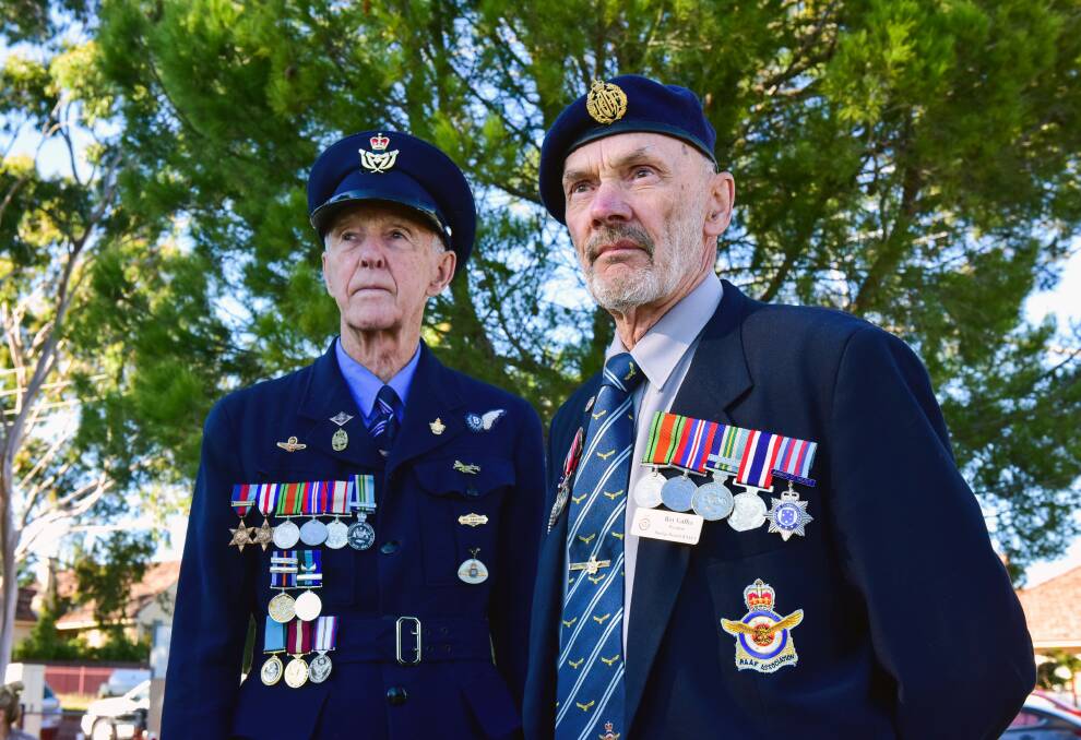 LEST WE FORGT: Neil Backman (whose uncle flew with 460 Squadron Bomber Command in WWII) and Roy Gaffee (Ex RAAF 1962-86) at the Kangaroo Flat Anzac Day service 2021. Picture: BRENDAN McCARTHY