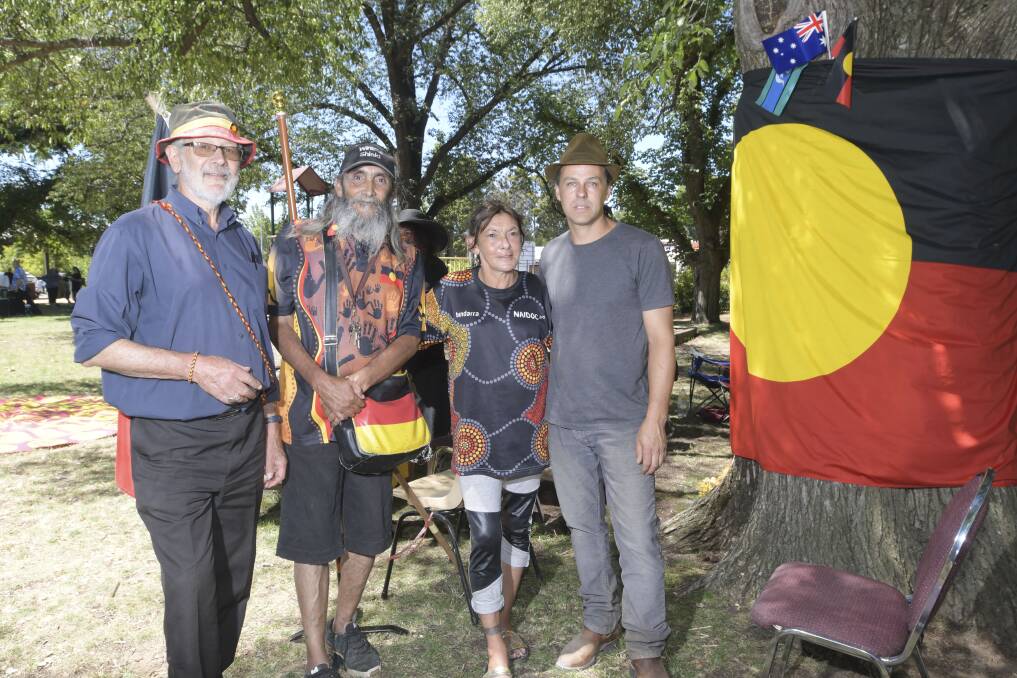 Australia Day Celebrations in Castlemaine 2019, Vic Say, Uncle Rick Nelson, Aunty Paulette Nelson and Kaya Strom. Picture: NONI HYETT