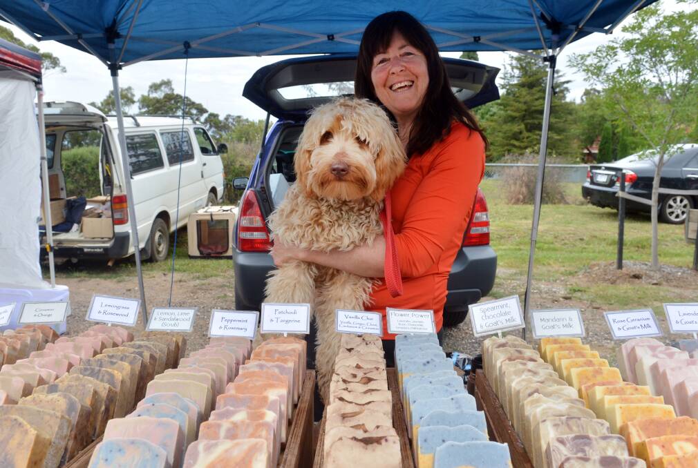 MARKET FUN: Satchmo, the stallholders dog with Cathy Mulcahy of Native Bliss Skincare at Maldon Market 2013. Picture: BRENDAN McCARTHY