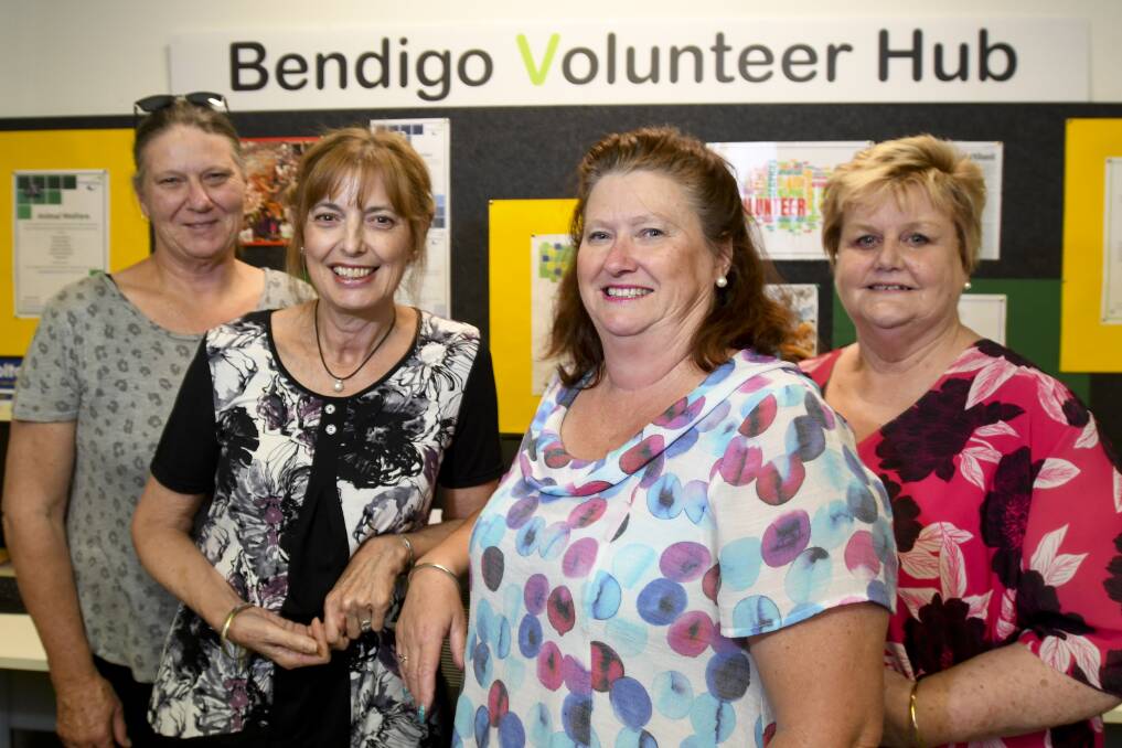 2020: Bendigo Volunteer Hub at Bendigo Library with Anne Ansell, Marg Yarrington, Helen Yorston and Meredith Dixon. Picture by Noni Hyett