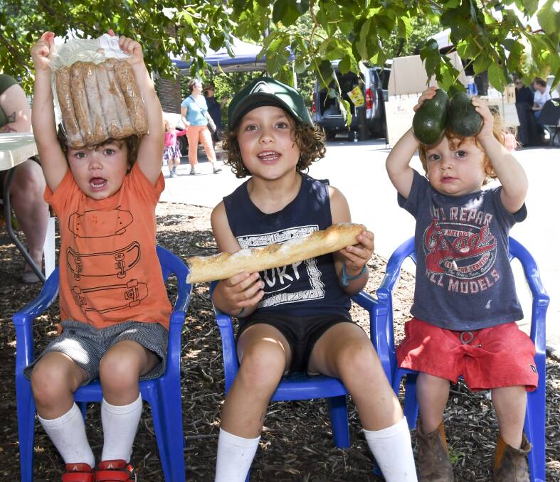 DAY OUT: Brothers Quentin, Reuben and Augustus Carrick enjoy the farmers market. Picture: NONI HYETT