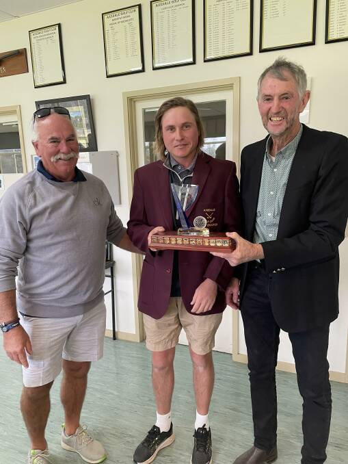 WINNER: Axedale Club Champion Reece Thompson is presented with the champion's blazer and Garry Harrop Trophy by president Peter Hoskin (left) and Harrop (right).