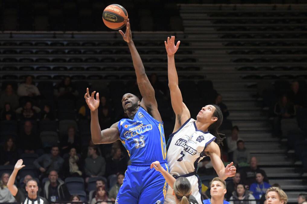 TIP OFF: Braves men's captain Ray Turner finished the game against the Huskies with 30 points and 11 rebounds. Braves men defeated the Huskies 89-73 on Friday night at the Bendigo Stadium. Picture: NONI HYETT