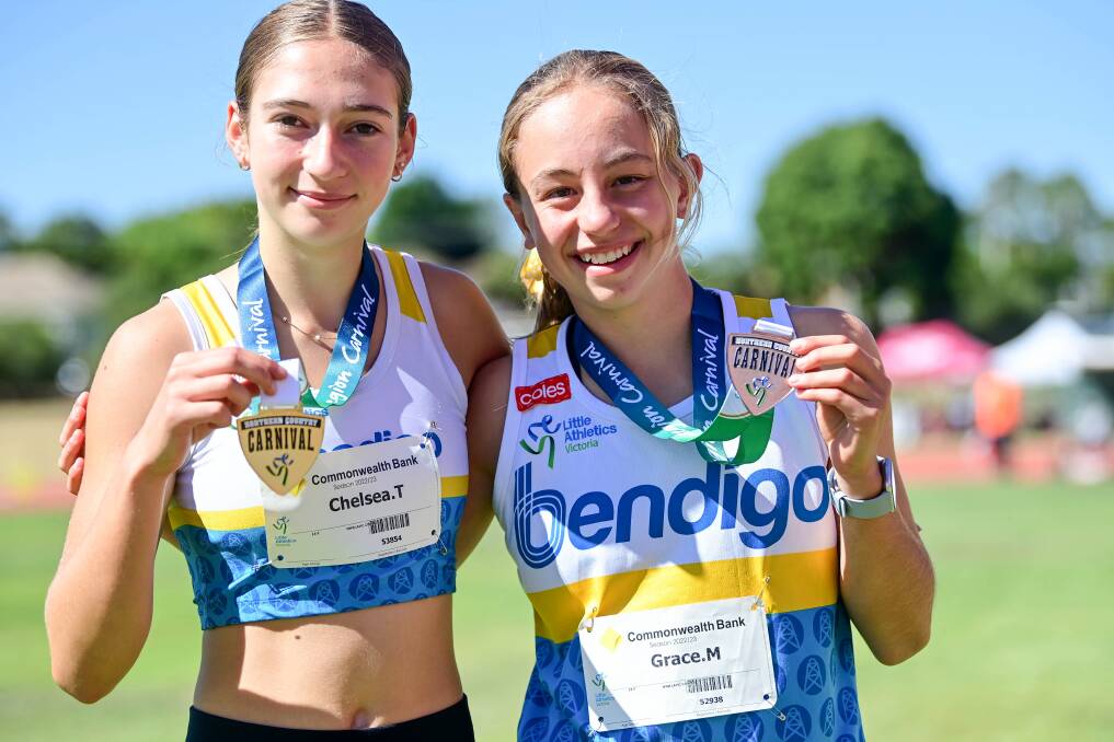 Bendigo's Chelsea Tickell (1st) and Grace Mulqueen (2nd) secured medals in the under-14 girls 1500m at the Northern Country Region Little Athletics Championships. Picture by Brendan McCarthy