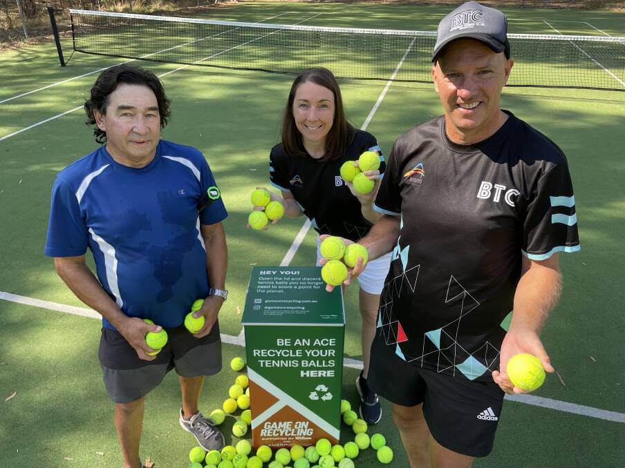 ON BOARD: Spring Gully Tennis Club's Ardel Shamsullah and Bendigo Tennis Club's Chelsea Leatham and Chris Lloyd are thrilled to jump on board the national Game on Recycling program. Picture: ANTHONY PINDA