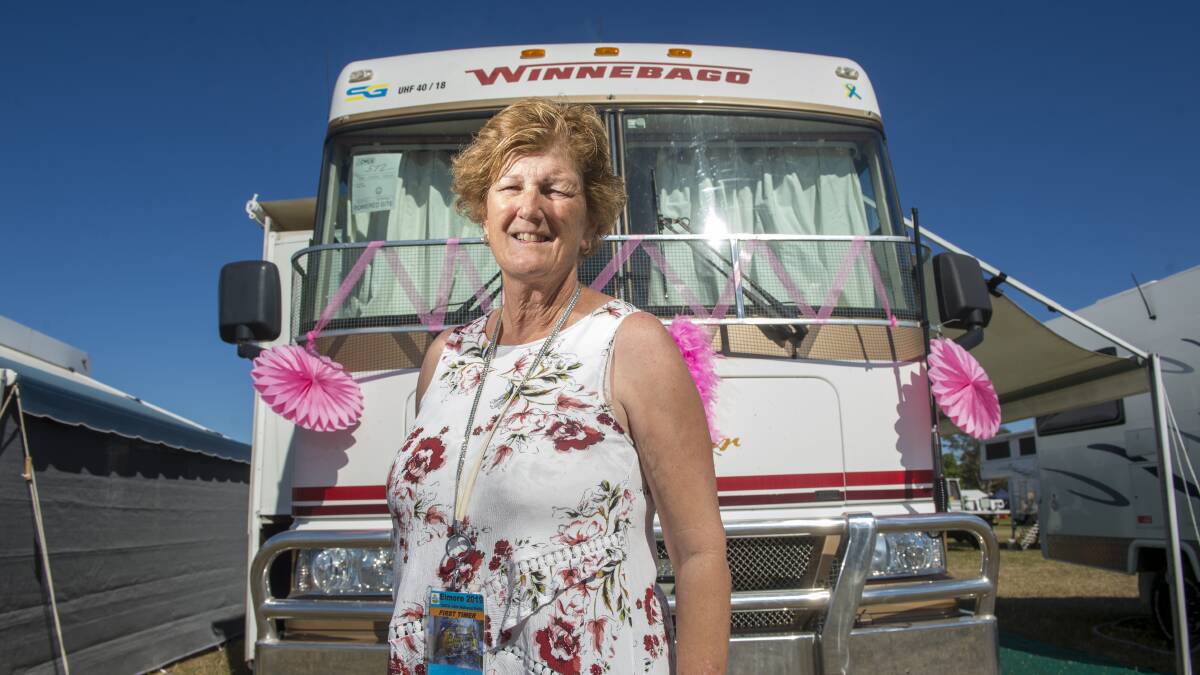 PRETTY IN PINK: Linda Daws has decorated her Winnebago for the rally's McGrath Foudnation pink day on Wednesday. Picture: DARREN HOWE