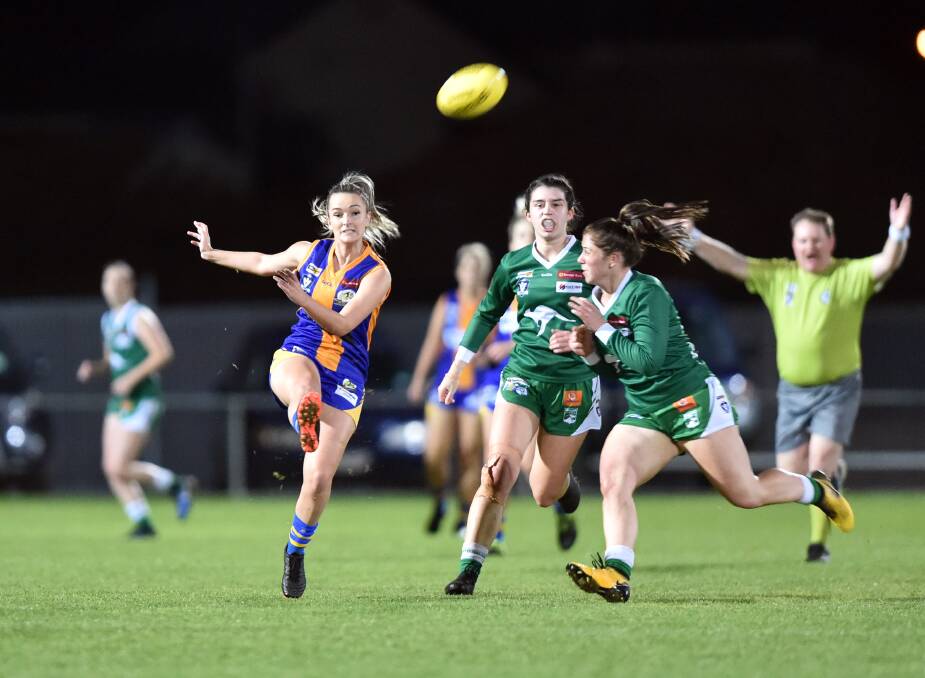 GOLDEN SQUAD: Bulldogs' Rebecca Berry takes a kick during the round six match against Kangaroo Flat. Picture: GLENN DANIELS