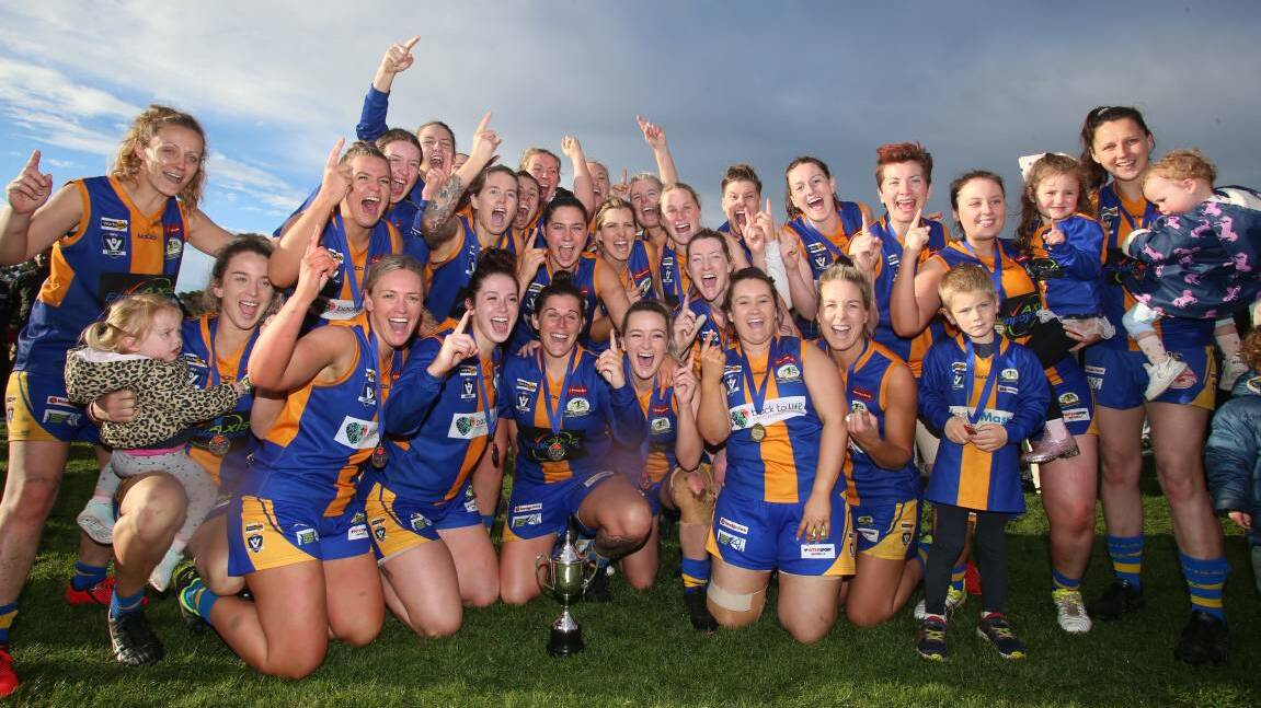Golden Square players celebrate their 2019 Central Victorian Footbal League Women's premiership victory. Picture: GLENN DANIELS
