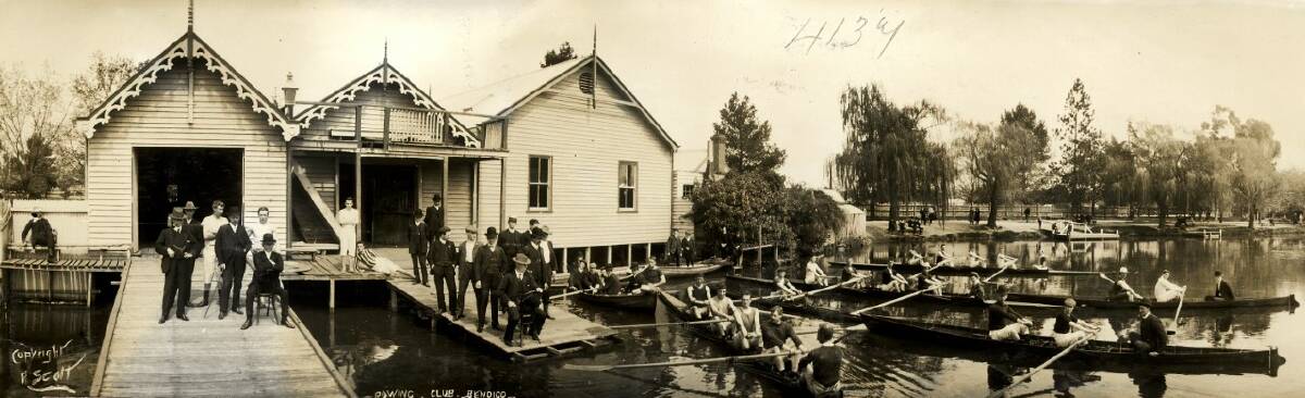 HUMBLE BEGINNINGS: Bendigo rowers in 1905 at the old sheds that were located at the Nolan Street end of Lake Weeroona. Picture: SUPPLIED